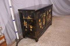 Black and gold Oriental decorated 2 door dresser with fitted interior; 55-12177