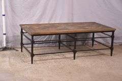 Black iron coffee table with distressed barnwood top; 1152-107