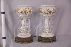 Pair of white and gold painted luster lamps with crystal prisms; 55-12198