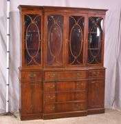 Crotch mahogany 2 part bubble glass breakfront; 74-12886