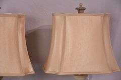 Pair of ornate off-white crackle finish lamps with shades; 5038-002