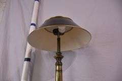 Gold metal lamp with black metal shade; 55-12201A