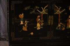 Black and gold Oriental decorated 2 door dresser with fitted interior; 55-12177
