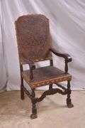 Set of 4 carved dining chairs with embossed leather seats and backs; 192-3099