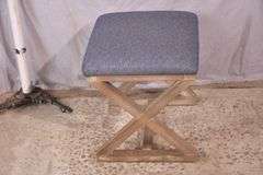 Distressed "X" base bench with blue fabric seat; 336-4578