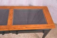 Green 2 drawer display sofa table with oak top and beveled glass inserts; 5038-005