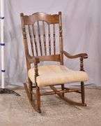 Spindle back open arm rocker with off-white fabric seat; 5038-009