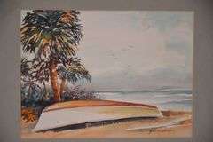 Framed watercolor of a boat on beach by Geri M. Davis; 9485-110