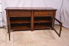 Pottery Barn distressed entertainment credenza with 2 drop-front drawers and 2 glass doors; 55-12263