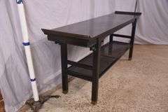 Black Oriental style two-tier console table with cane shelf; 55-12317