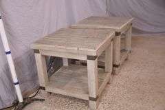 Pair of distressed two-tier side tables with built-in power strips; 1153-093