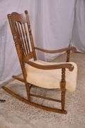 Spindle back open arm rocker with off-white fabric seat; 5038-009