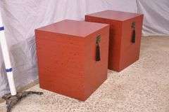 Pair of distressed red Oriental style lift-top boxes; 1152-103