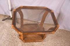 Rattan mid-century style side table with tinted glass top; 336-4573