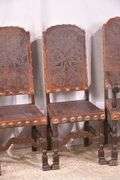 Set of 4 carved dining chairs with embossed leather seats and backs; 192-3099
