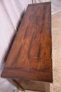 Pottery Barn distressed entertainment credenza with 2 drop-front drawers and 2 glass doors; 55-12263