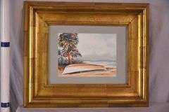 Framed watercolor of a boat on beach by Geri M. Davis; 9485-110