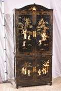 Black and gold Oriental decorated 2 part armoire with fitted interior; 55-12157
