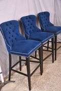 Set of 3 Abbyson Living blue tufted back bar chairs with silver nail head trim; 1153-090