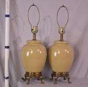 Pair of ceramic lamps with gold metal bases; 55-12200B