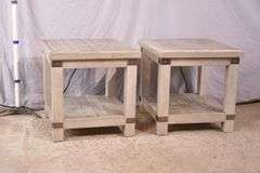 Pair of distressed two-tier side tables with built-in power strips; 1153-093