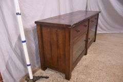 Pottery Barn distressed entertainment credenza with 2 drop-front drawers and 2 glass doors; 55-12263