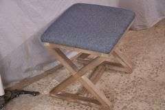 Distressed "X" base bench with blue fabric seat; 336-4578
