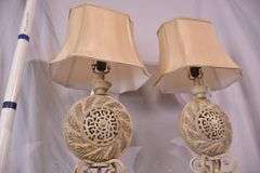 Pair of ornate off-white crackle finish lamps with shades; 5038-002