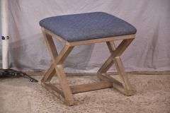 Distressed "X" base bench with blue fabric seat; 336-4578
