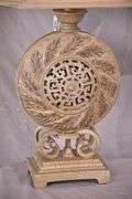 Pair of ornate off-white crackle finish lamps with shades; 5038-002