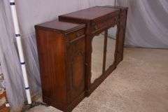 Mahogany credenza with leather top and mirrored doors; 21-2704