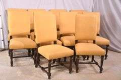 Set of 10 Bassett dining chairs with gold upholstered seats and backs; 1116-740