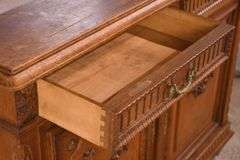 Carved oak French style 3 part buffet with beveled mirror backsplash; 55-12290