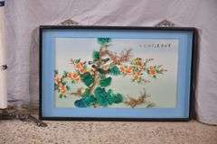 Oriental style shell artwork of birds and branches in shadowbox style frame; 55-12220