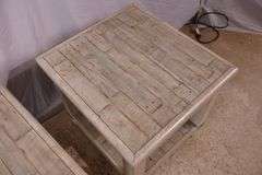 Pair of distressed two-tier side tables with built-in power strips; 1153-093