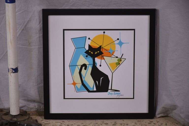 Signed framed giclee print "5 O'Clock Cat" by Ivy Lowe; 975-1836