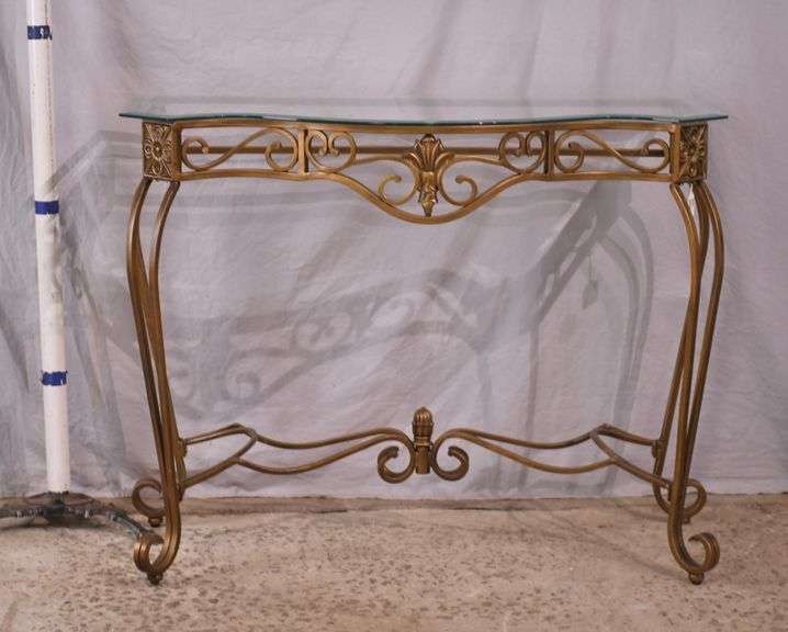 Ornate gold metal console table with beveled glass top; 396-1402 - R.H ...