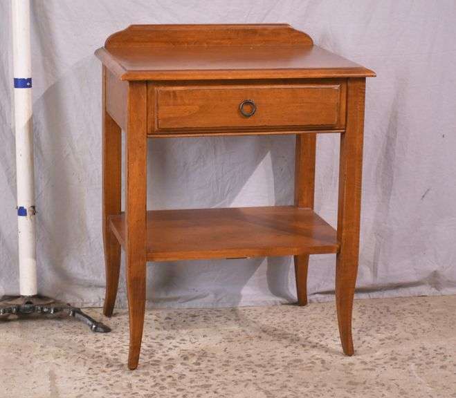 Ethan Allen single drawer two-tier side table with backsplash; 68-7253