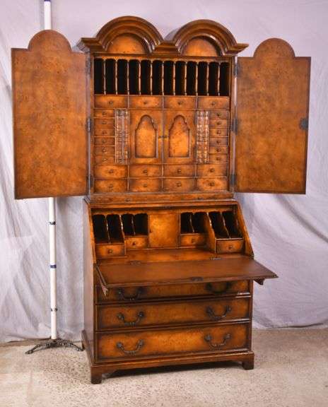 Theodore Alexander burl wood double bonnet top slant front secretary ...