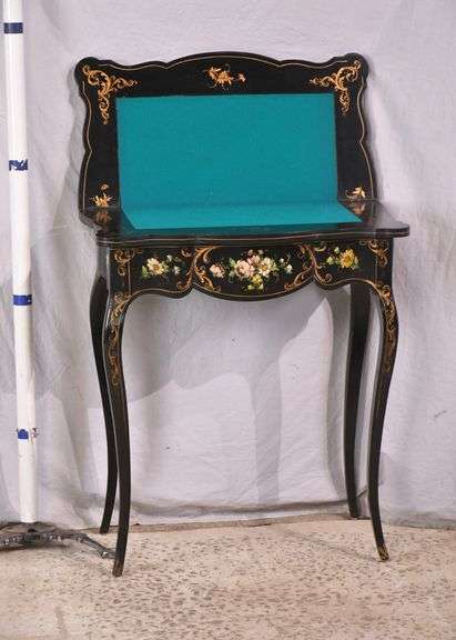 Black decorated flip-top game table; 68-7192