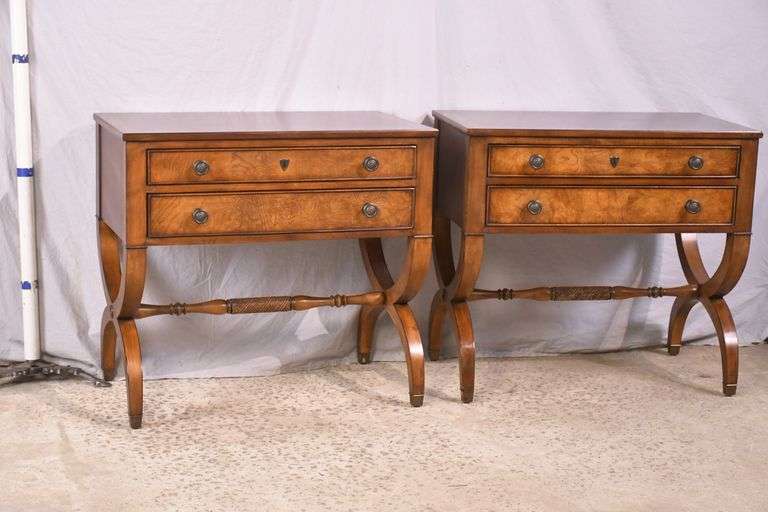 Pair of Ethan Allen cherry and burl elm 2 drawer trestle base side tables; 68-7178