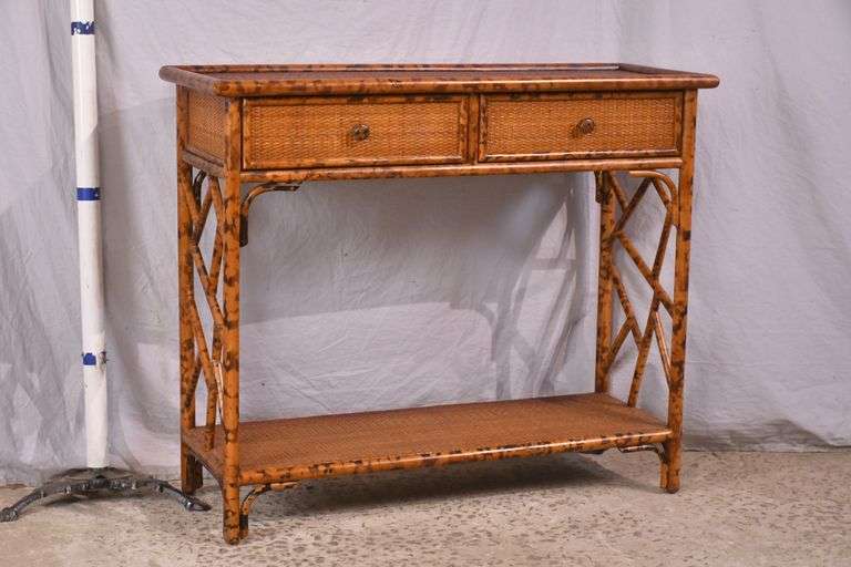 Rattan two-tier 2 drawer console table; 68-7211