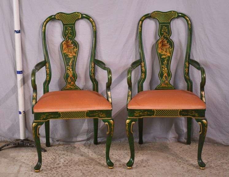 Pair of green and gold Oriental decorated Queen Anne style open armchairs; 68-7180