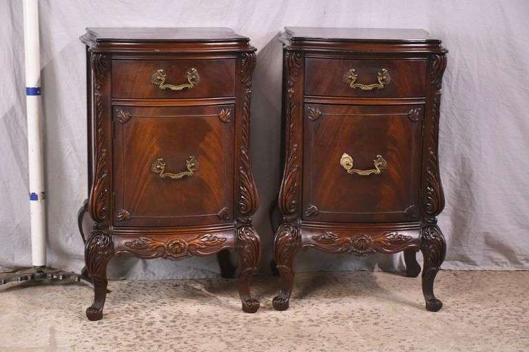Pair of carved crotch mahogany French style bowfront nightstands; 68-7221