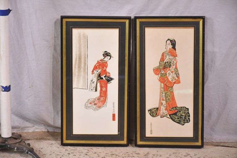 Pair of framed Oriental style embellished fashion prints; 396-1428