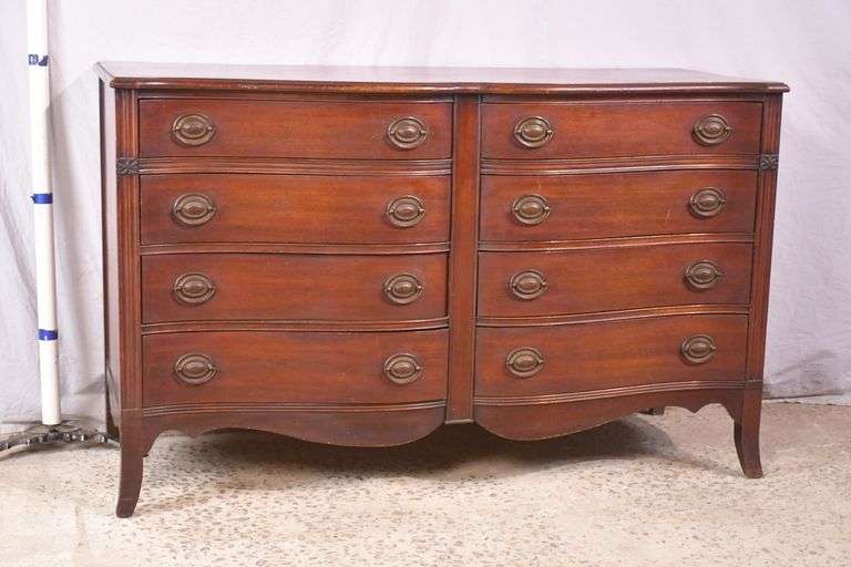 Mahogany serpentine front 8 drawer double dresser; 68-7328B