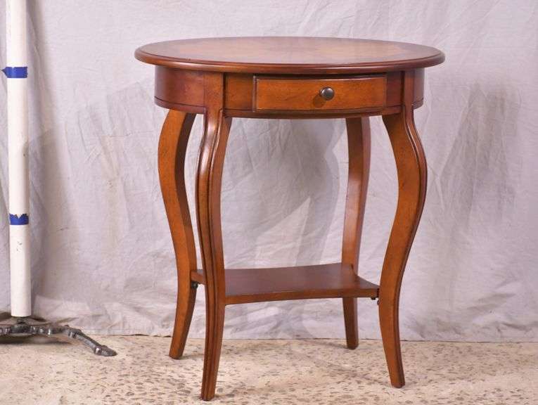 Oval single drawer two-tier side table with inlaid top; 68-7322
