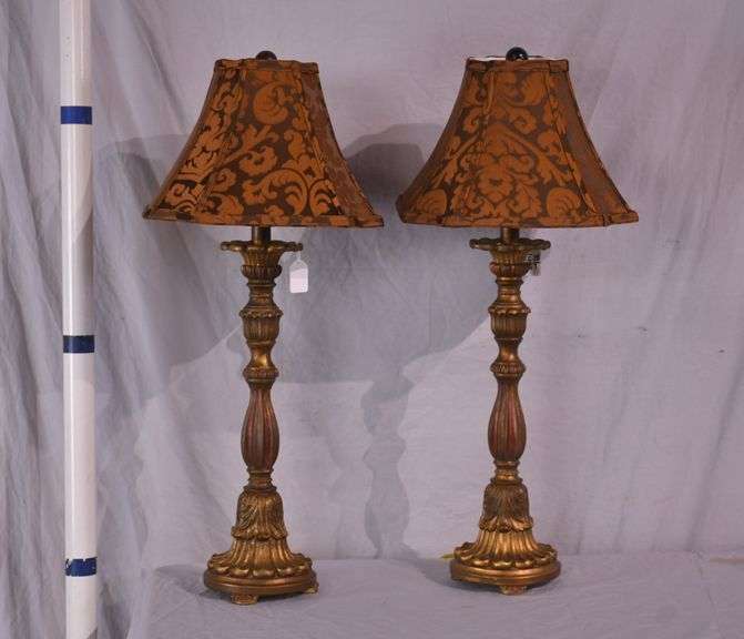 Pair of ornate gold lamps with shades; 396-1422