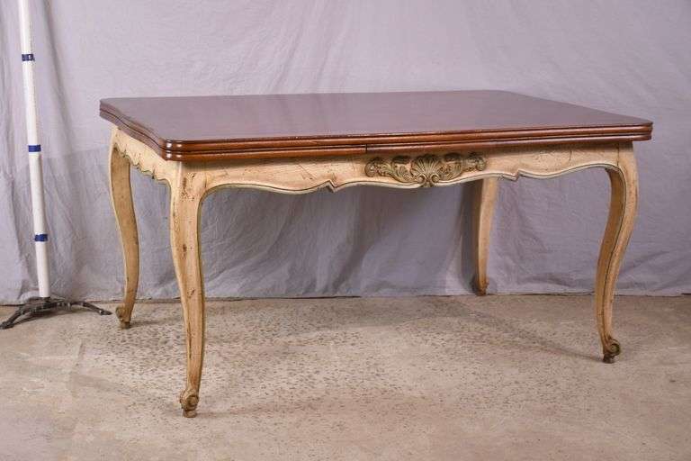 Carved French style draw-leaf dining table with parquet top; 68-7339A