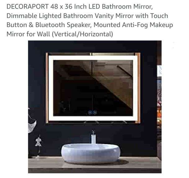 DECORAPORT 48 x 36 Inch LED Bathroom Mirror, Dimmable Lighted Bathroom ...